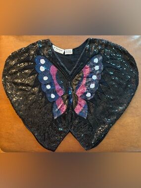 St Honore Silk Butterfly Sequin Top Beaded Black Statement Oversized